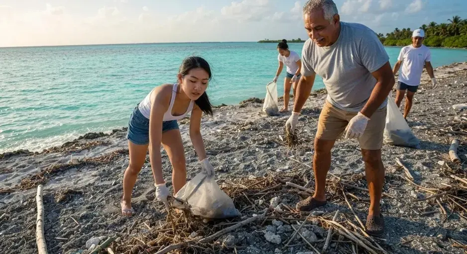 Volunteers cleaning up litter and debris on a beach near turquoise ocean water