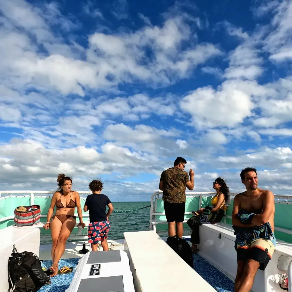 Guests relaxing on the deck of a boat under a bright blue sky with white fluffy clouds