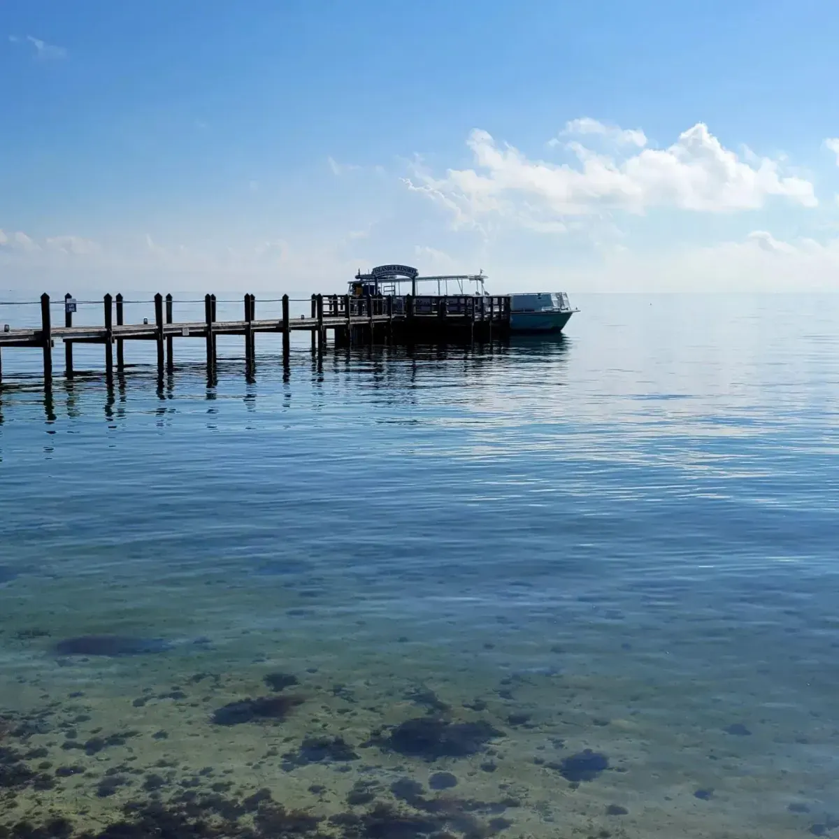 A long wooden pier extends into calm, clear water where a boat is docked at the end under a bright blue sky