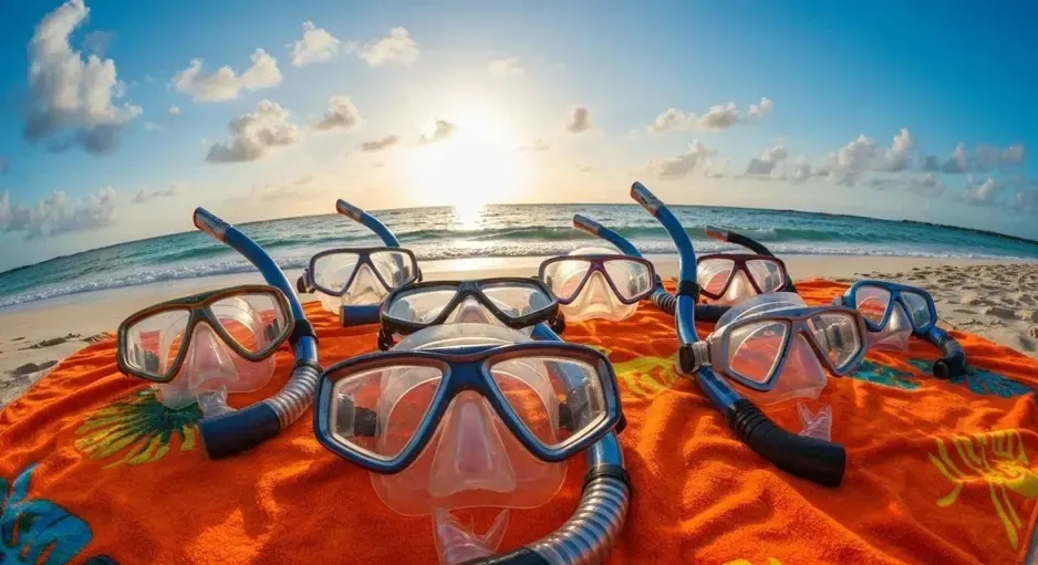 Set of snorkeling masks and breathing tubes placed on an orange beach towel near the ocean at sunset, with waves and a bright sky in the background