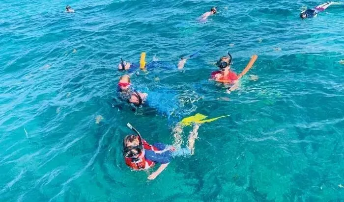 A group of people wearing masks and snorkels swim together in clear, bright blue ocean water