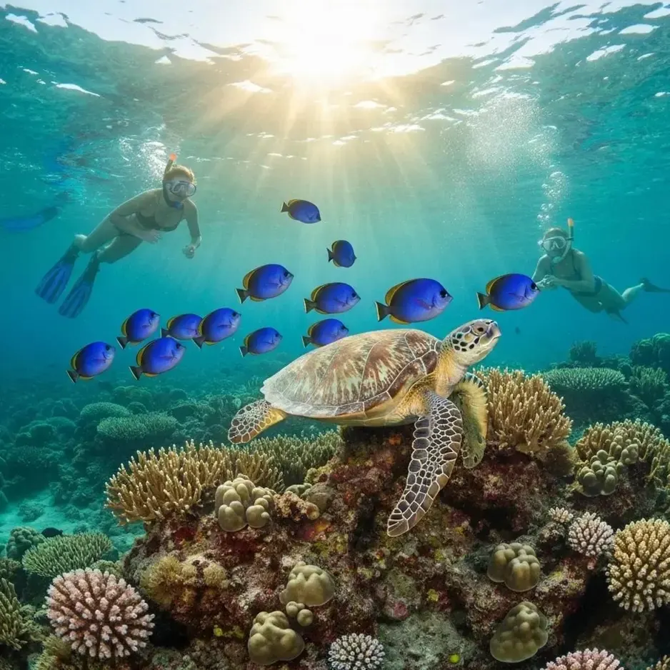 Two snorkelers observing a sea turtle resting on a coral reef surrounded by blue tropical fish